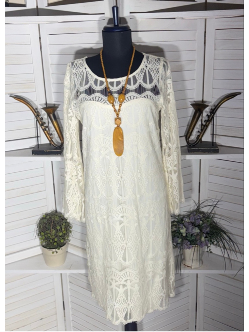 Tacera boho dress cream lace victorian bell sleeves romantic coquette fairy S